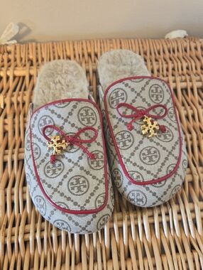Tory Burch Beige Logo Slip-On Mules with Red Trim and Gold Emblems